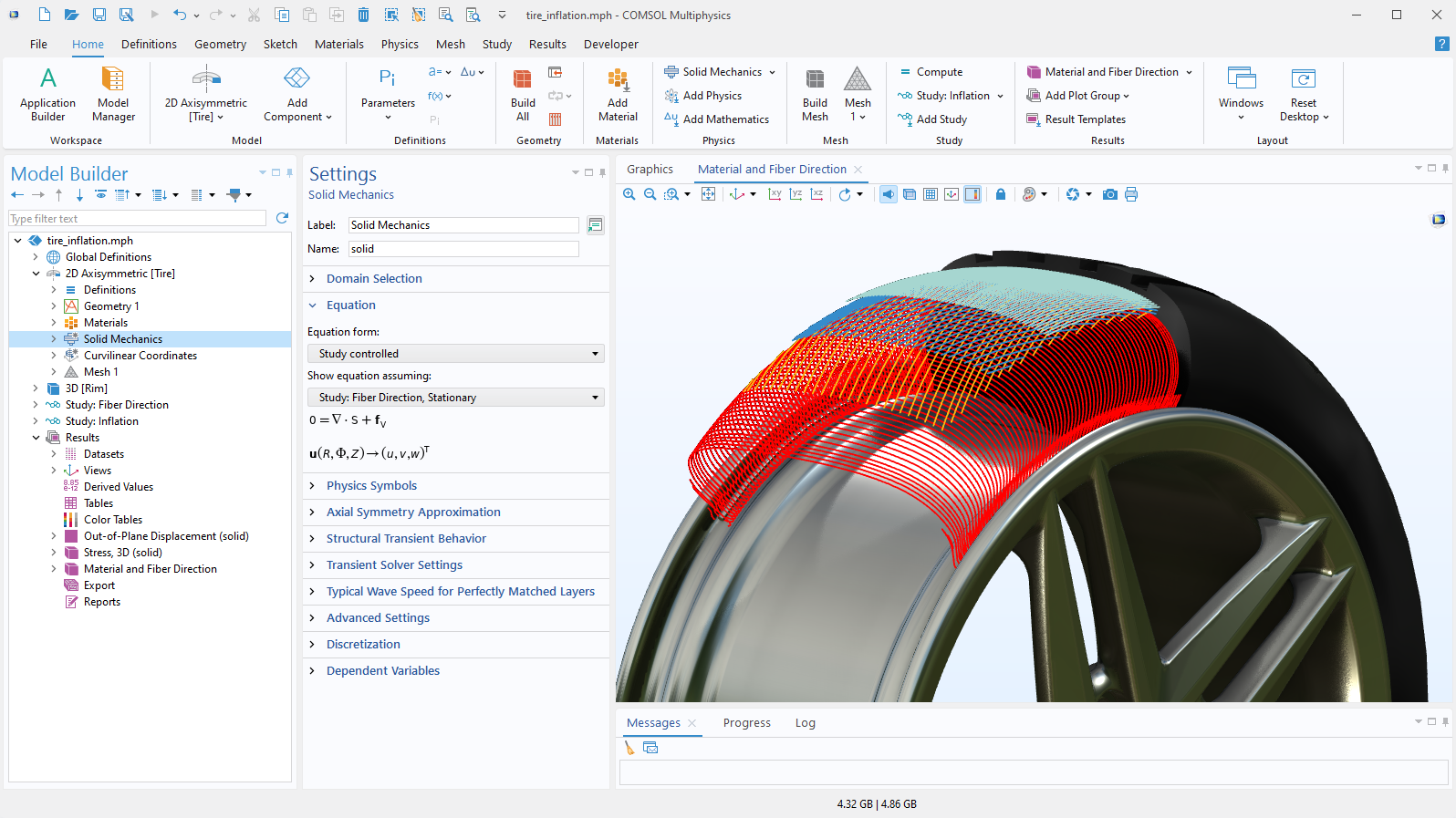 The COMSOL Multiphysics UI showing the Model Builder with the Solid Mechanics node highlighted, the corresponding Settings window, and a tire model in the Graphics window.